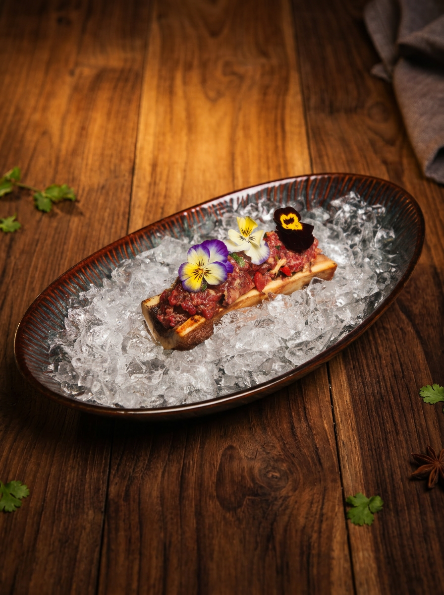 Vietnamesisches Rinder-Tatar auf Markknochen mit essbaren Blüten