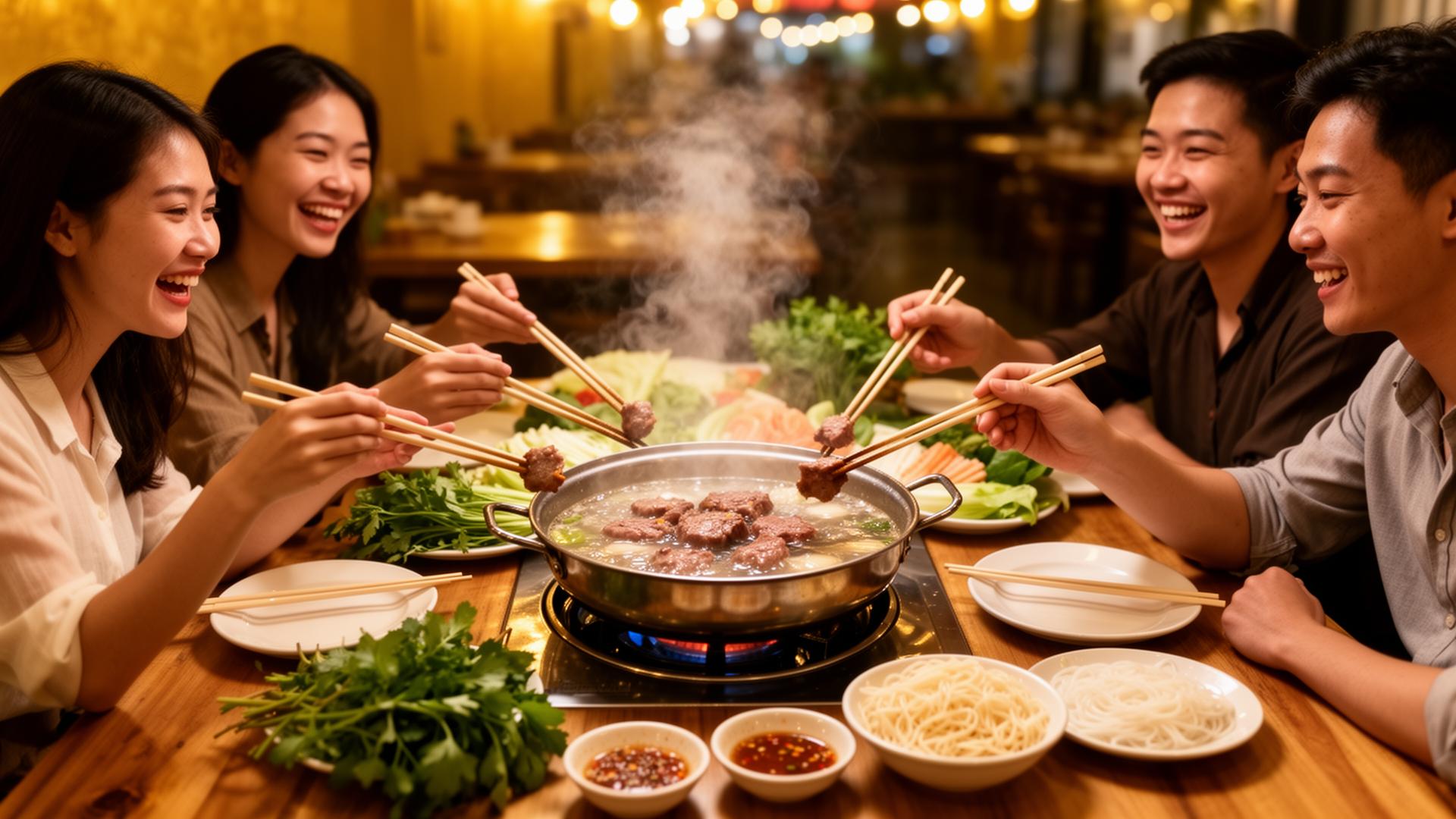 Menschen essen gemeinsam an einem vietnamesischen Hotpot Grill